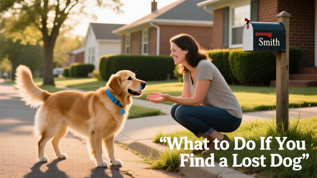 A calm, friendly dog approaching a person on a quiet neighborhood street