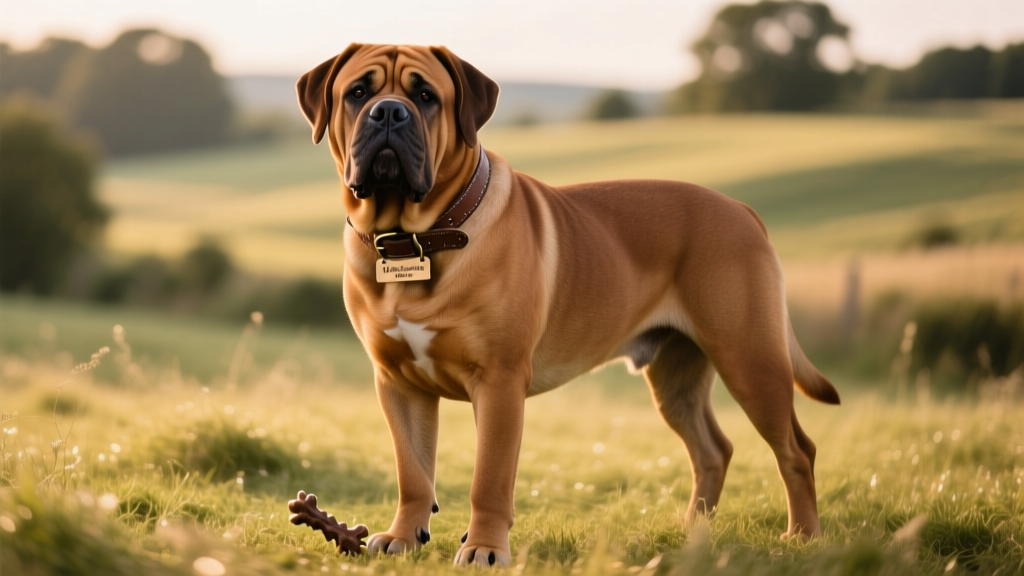 A majestic Dogue de Bordeaux standing confidently on grass, showcasing its powerful build, wrinkled face, and fawn-colored coat