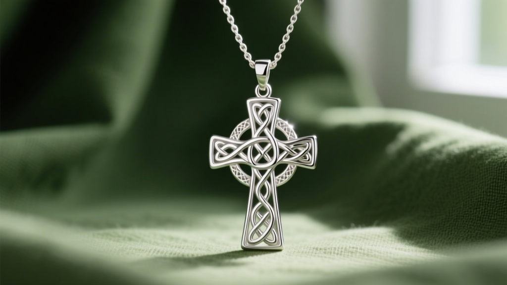 Macro shot of a sterling silver Celtic cross necklace with intricate knotwork, photographed against a blurred forest green linen background.