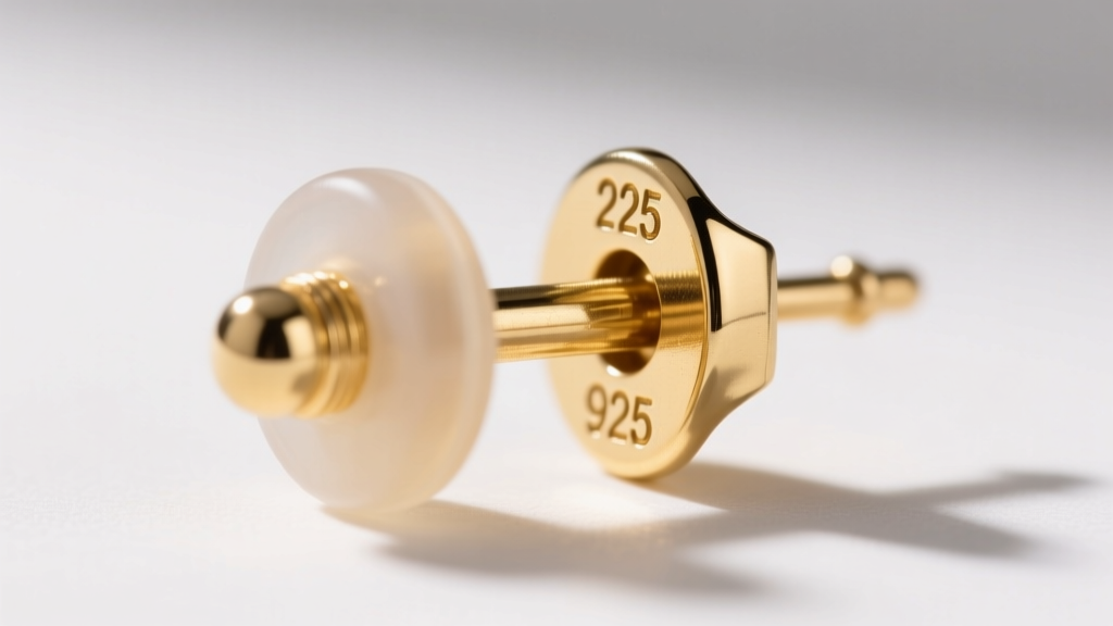 Macro shot of a 20-gauge gold vermeil earring post with a silicone clutch, showing the 925 hallmark stamp on the metal backing.