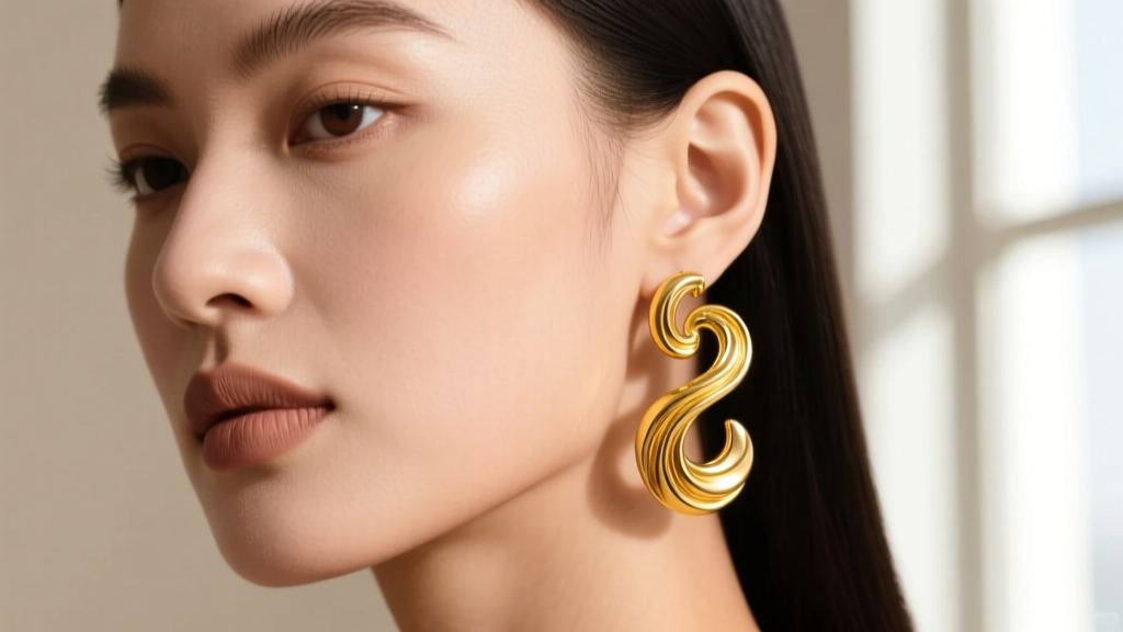 Close-up of a model wearing 14k yellow gold squiggle earrings, highlighting the wavy abstract design against soft studio lighting.