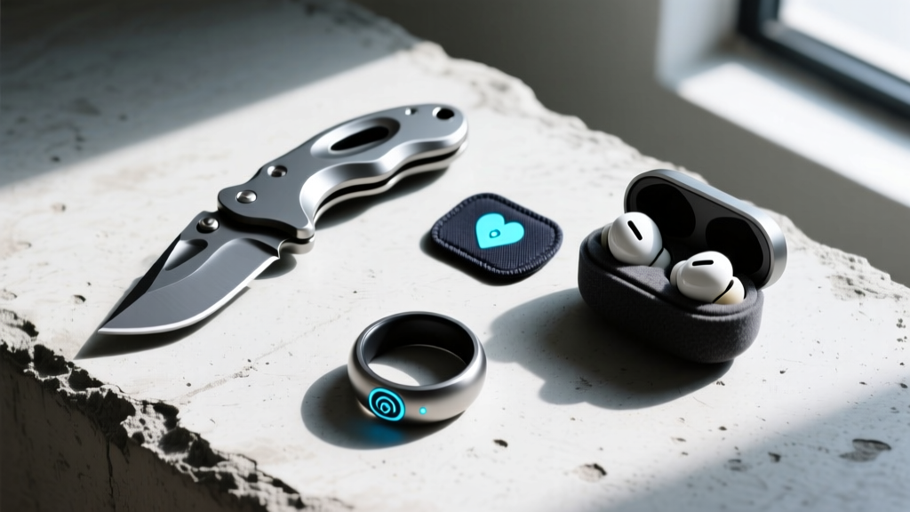 Overhead flat-lay of a 2026 everyday carry kit including an amorphous metal pocket knife, a biometric patch, a smart ring, and wireless earbuds on concrete.