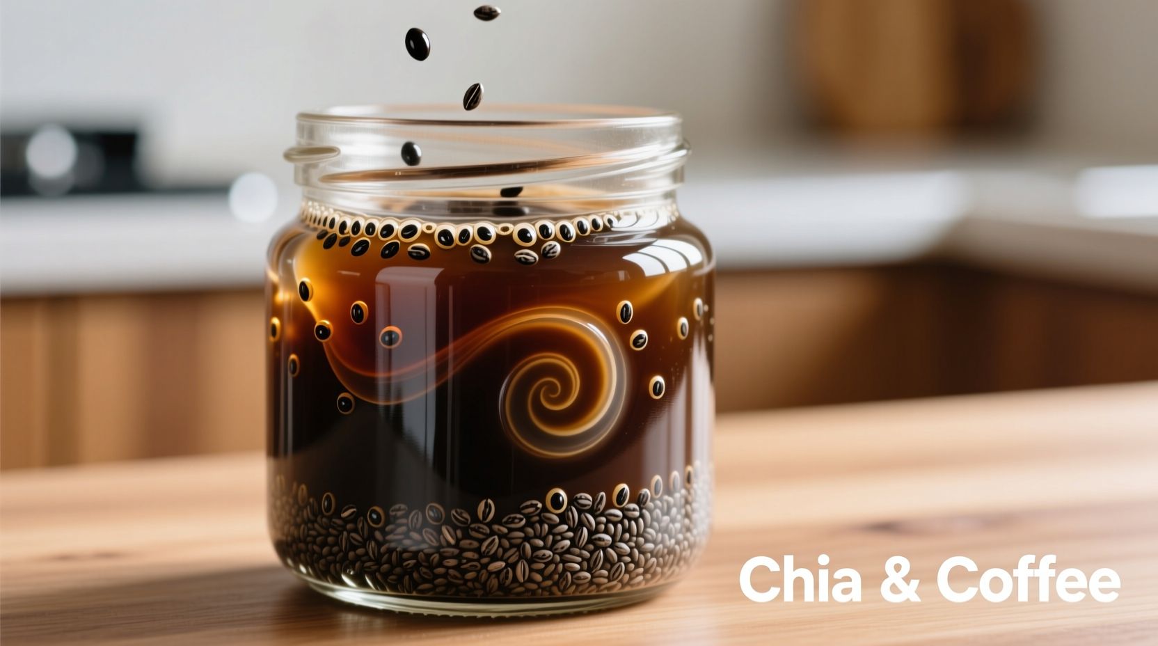 Chia seeds soaked in coffee showing gel-like texture