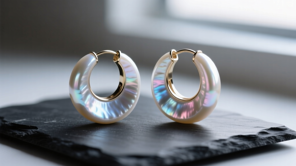 Close-up of large white South Sea pearl hoop earrings resting on dark slate, with soft lighting highlighting the nacre overtone