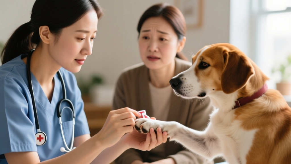 A calm, well-lit photo of a veterinarian gently examining a dog's paw while a concerned owner looks on