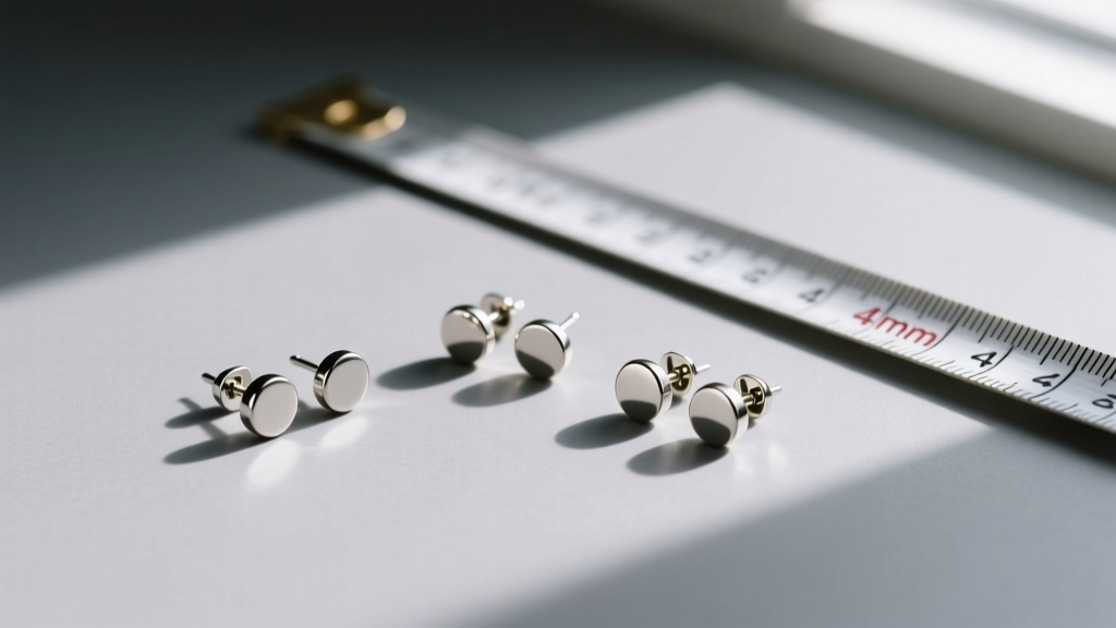 Flat lay of three pairs of small budget-friendly passport-safe stud earrings on a grey surface with a measuring tape showing 4mm.