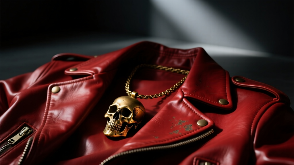 Weathered brass skull amulet necklace on a red leather jacket, illuminated by moody cinematic lighting in a dark room.