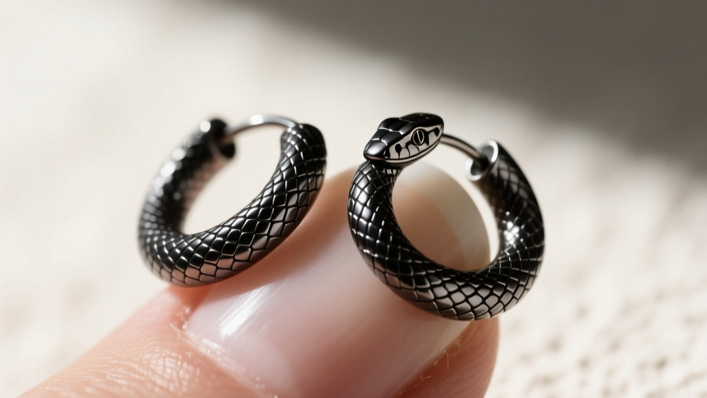 Macro shot of 16-gauge black titanium snake huggie earrings on a cartilage piercing, showing subtle scale texture and dark metal.