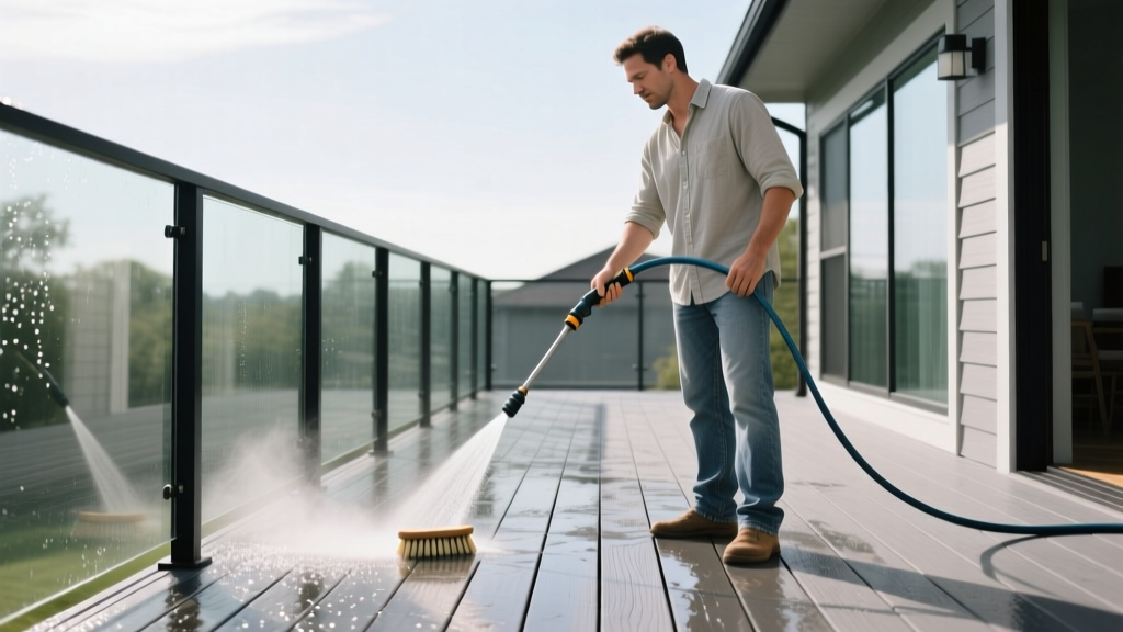 Homeowner using a low-pressure garden hose and soft bristle brush to scrub a gray composite deck surface next to a modern glass railing