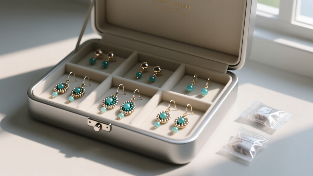 Anti-tarnish box displaying dangle beaded earrings in separate compartments next to small silica gel packets for moisture control