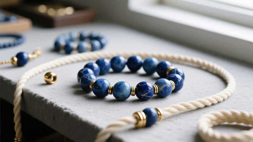 Jeweler workbench showing blue stone beads, waxed cotton cords, and brass crimp beads used to assemble a custom Disney choker