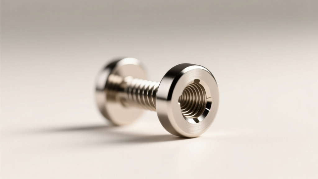Macro photo of a 14g internally threaded flat back earring post showing precise 1.6mm screw threads and polished titanium finish.