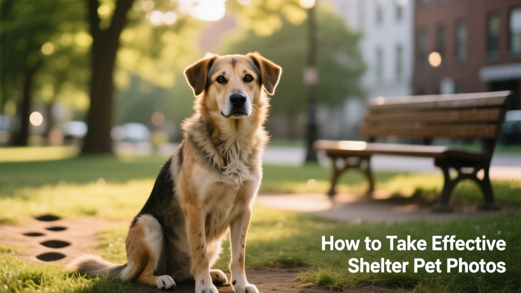 A shelter dog sitting calmly outdoors in soft natural light, looking directly at the camera