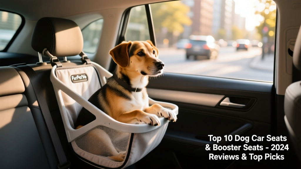 FurPetVo Travel Hanging Car Seat mounted on a car headrest, showing plastic shell structure and fabric liner