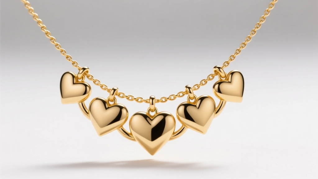Close-up of a 14k yellow gold necklace of hearts featuring five interlocking pendants on a 1.5mm wheat chain, studio lighting