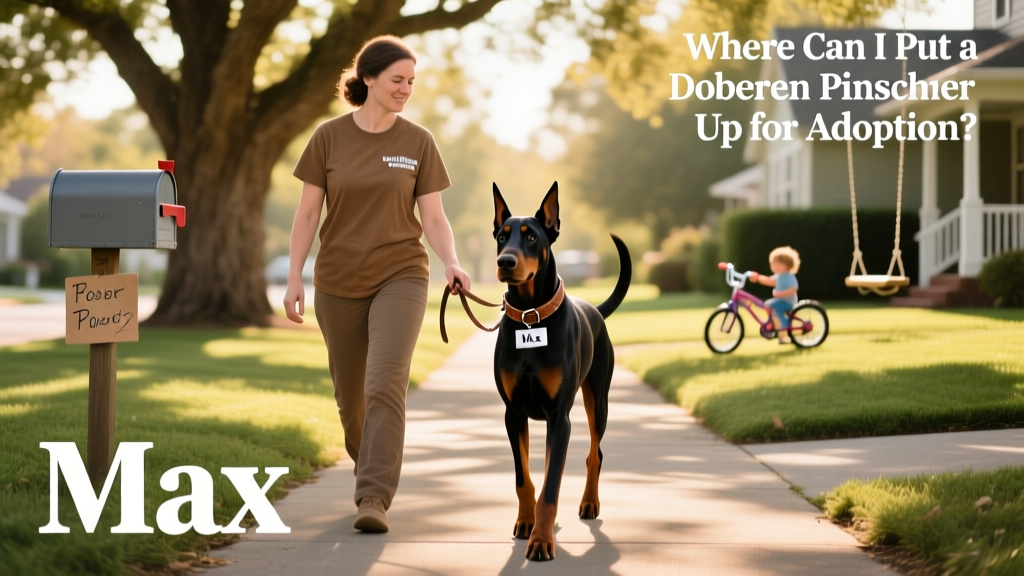 A volunteer gently walking a Doberman Pinscher on a quiet neighborhood street during a foster visit