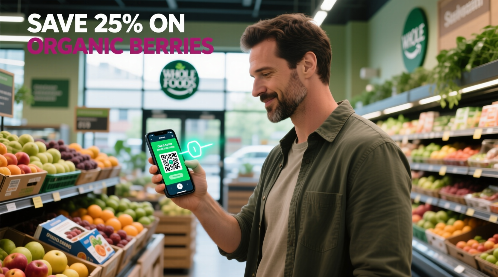 Amazon Prime member using smartphone to scan Whole Foods digital coupon