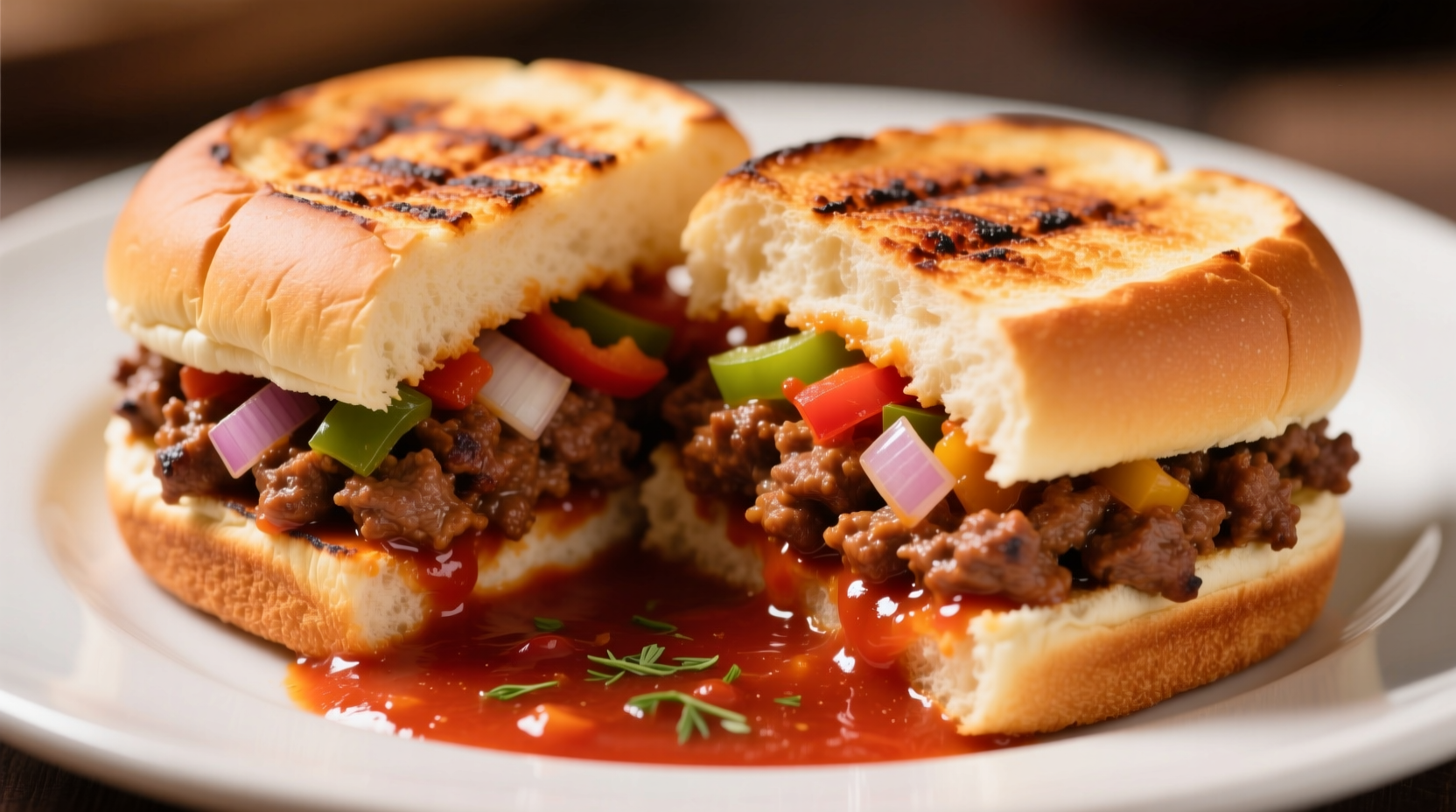 Homemade sloppy joes with tomato sauce on toasted buns