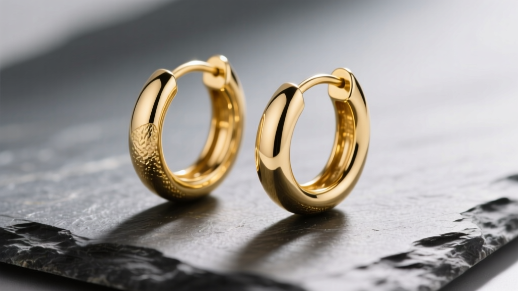 Close-up of 14k yellow gold medium hoop earrings on slate, reflecting soft light to highlight the rich, polished metallic surface.