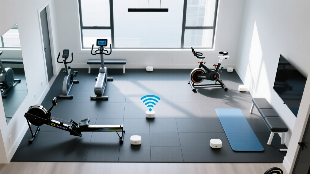 Overhead view of a home gym floor plan showing Wi-Fi 6E mesh node placement to eliminate dead zones near connected rowing machines and smart bikes