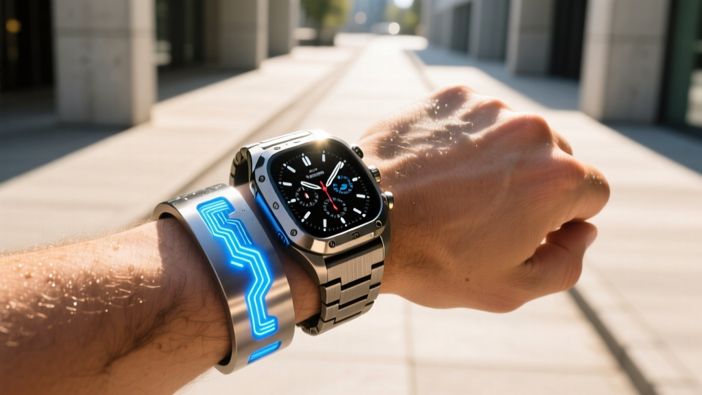 Rugged smartwatch on wrist paired with metallic thermoelectric cooling band glowing with blue LED indicators in bright outdoor sunlight