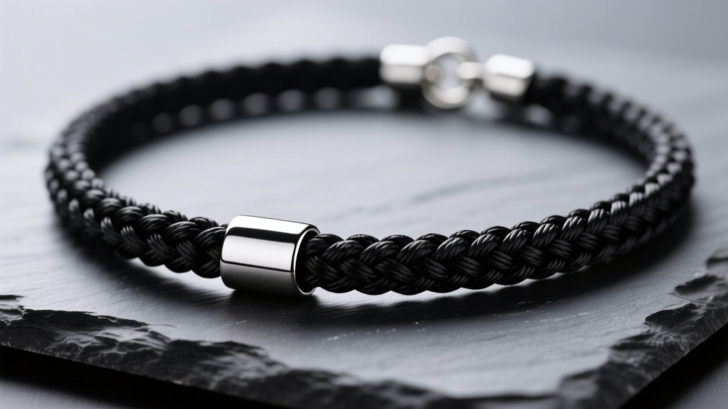 Macro shot of braided black nylon waxed cord necklace with polished silver clasp on dark slate under soft studio lighting.