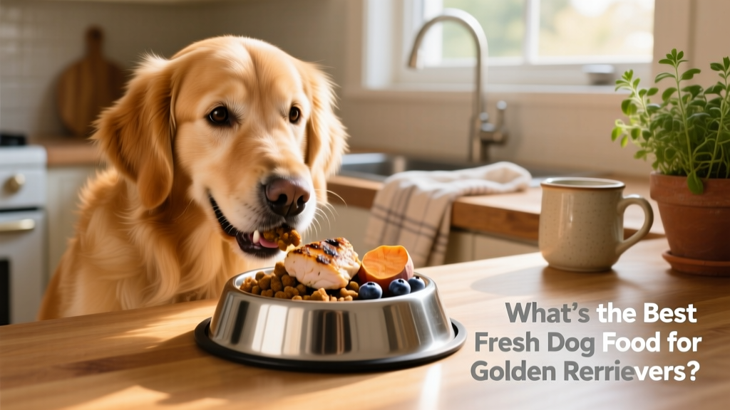 Golden Retriever happily eating fresh food from a stainless steel bowl on a kitchen counter