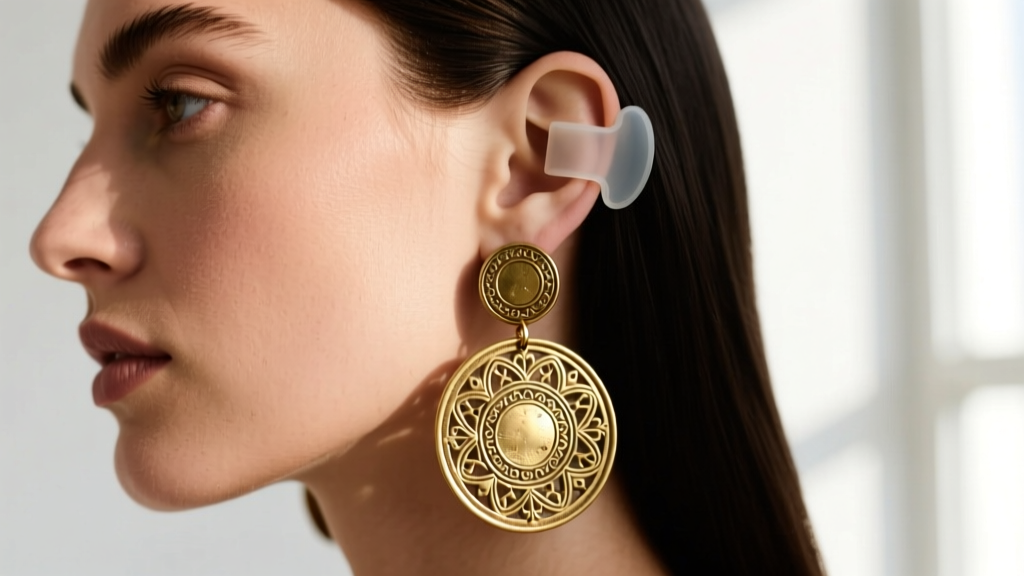 Woman's ear wearing heavy brass coin gypsy earrings, showing a clear silicone support patch behind the lobe, soft natural lighting.