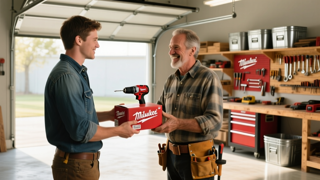 Adult son handing a wrapped Milwaukee M12 impact wrench box to his smiling father in a well-lit home garage workshop