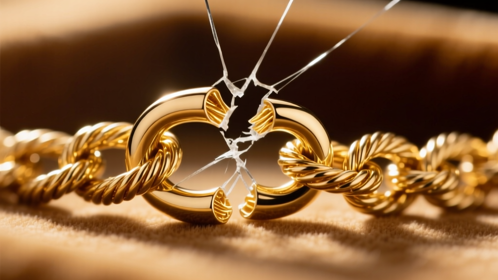 Macro photography of a broken 18-gauge 14k gold rope chain link under a jeweler's loupe, highlighting the unsoldered weak point.