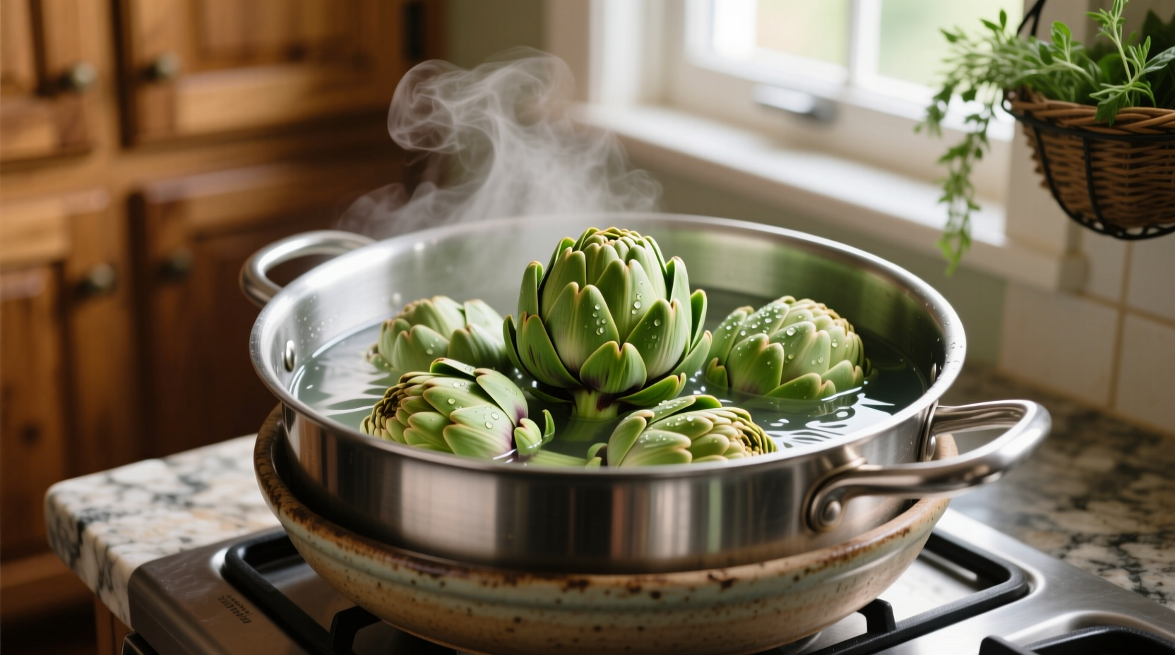 Fresh artichokes prepared for boiling in a pot