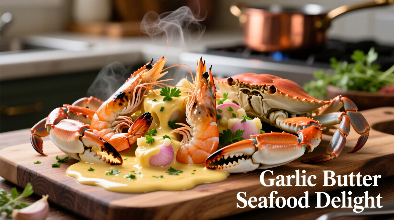 Homemade garlic butter sauce drizzled over shrimp and crab