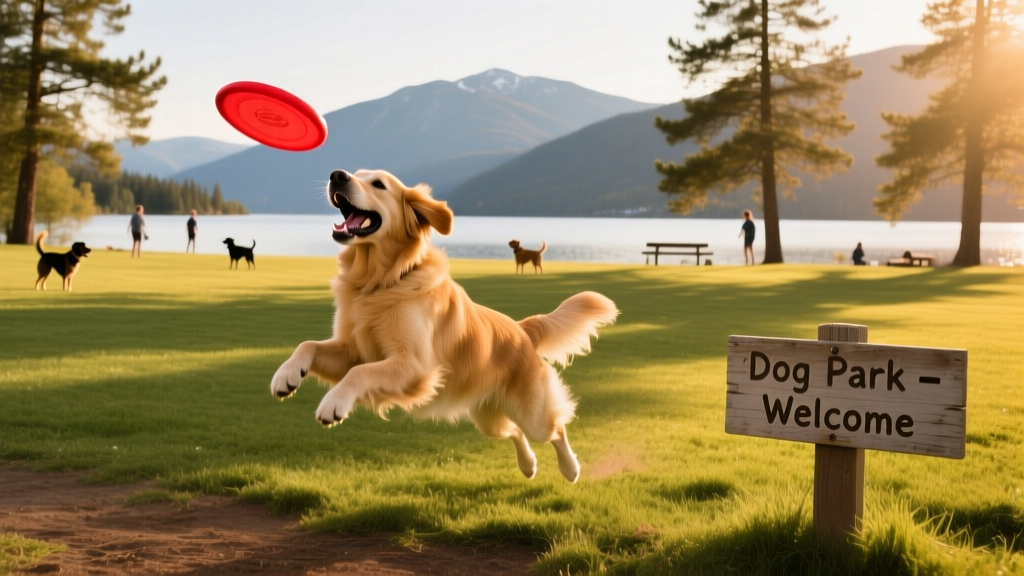 A dog playing fetch in a sun-dappled, grassy dog park beside Kootenay Lake