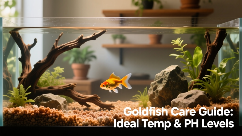 Aquarium setup showing driftwood, crushed coral substrate, and a goldfish swimming calmly near natural decorations