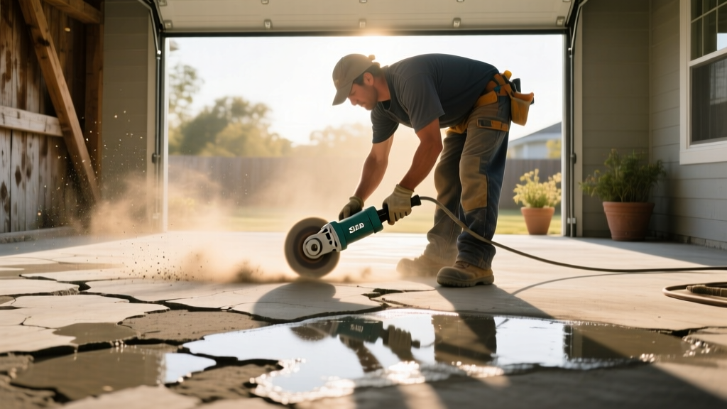 Contractor using a 50-grit diamond grinder to profile a blotchy acid-stained concrete patio before applying a neutralizer and new stain coat