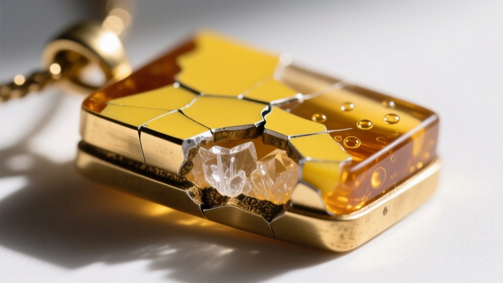 Macro view of chipped cold epoxy resin pendant, showing yellowed adhesive layer separating from the brass base metal substrate.