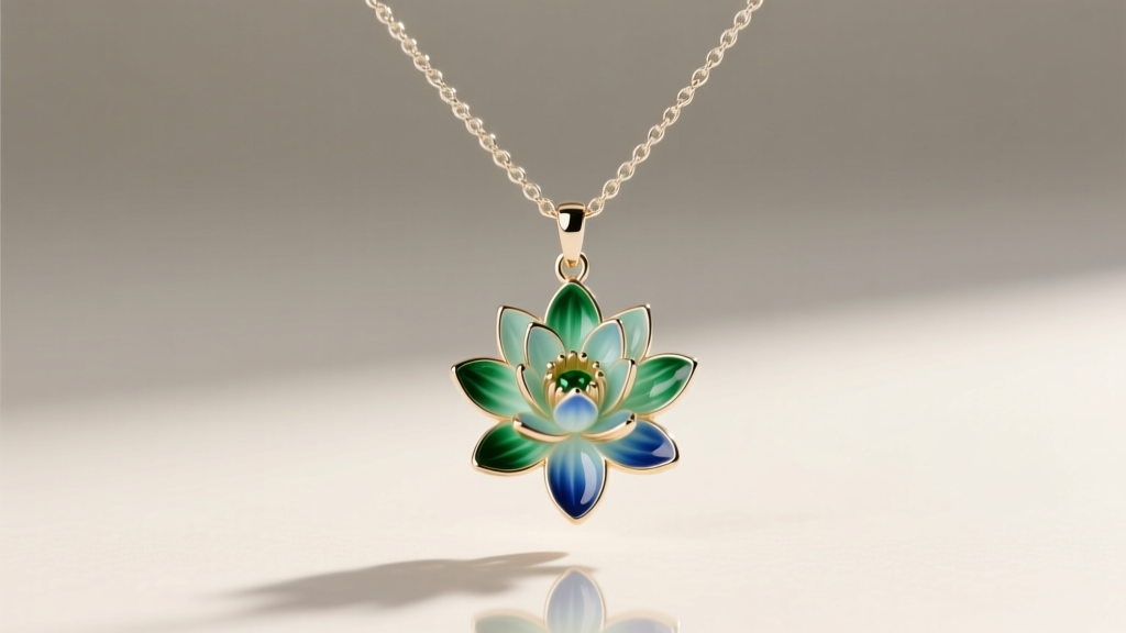 Delicate 1.0mm white gold box chain supporting a translucent green and blue enamel water lily July birth flower necklace design.