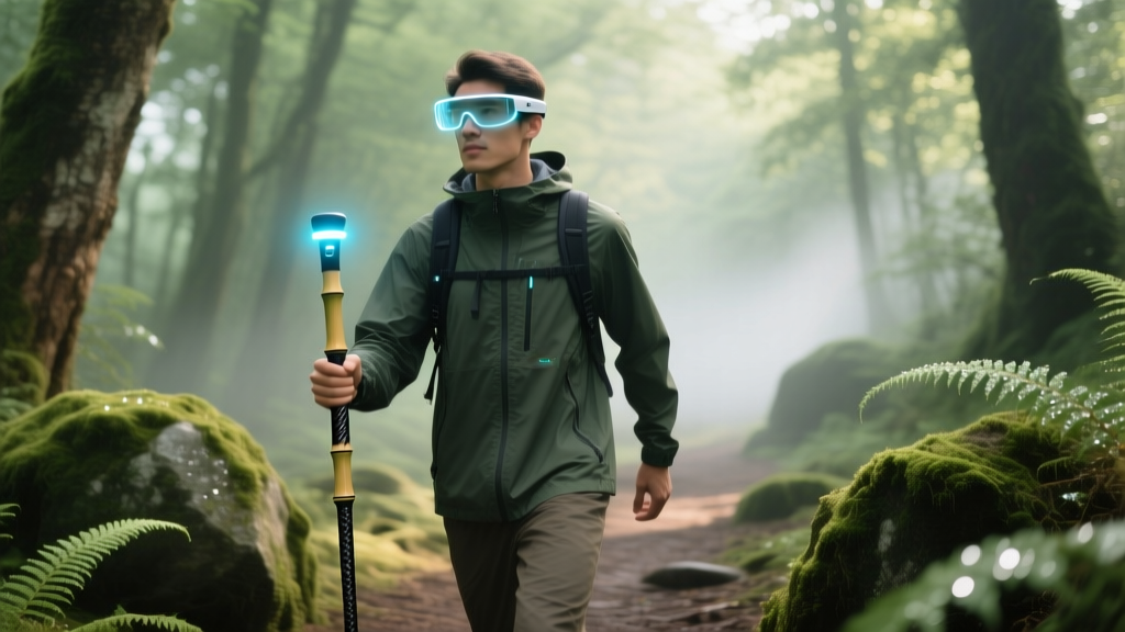 A tech enthusiast hiking on a forest trail wearing lightweight AR navigation glasses and carrying a sustainable smart cane equipped with ultrasonic obstacle detection.