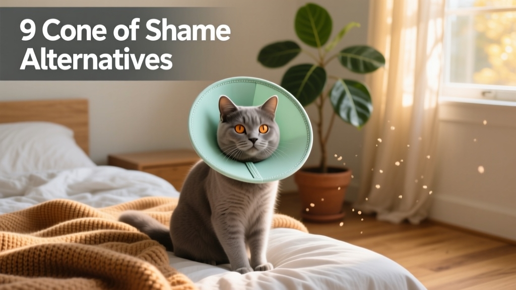 A relaxed cat wearing a soft, padded e-collar while sitting beside a cozy bed