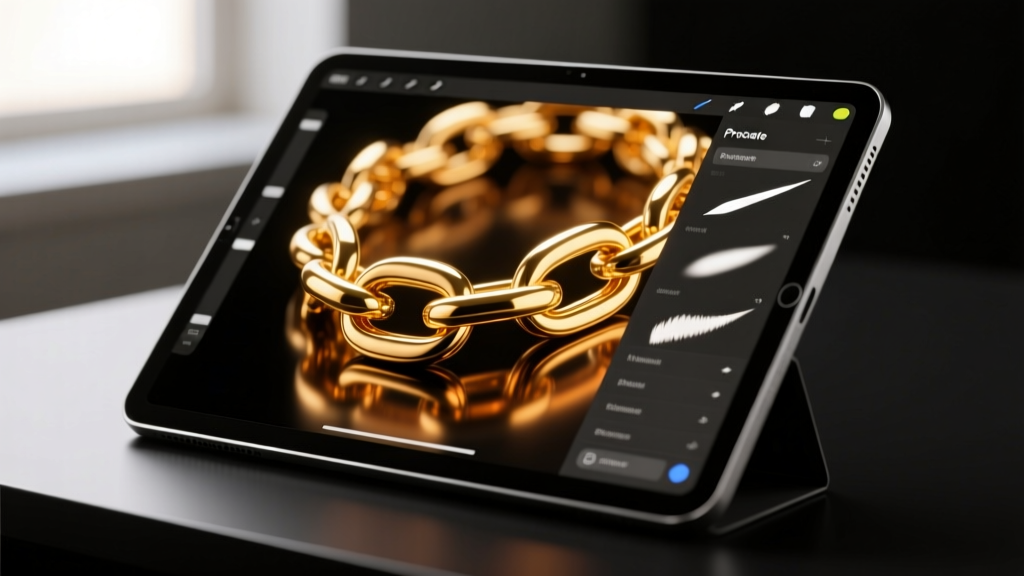Macro view of a digital tablet screen displaying Procreate brush settings for rendering highly reflective 18k gold jewelry links