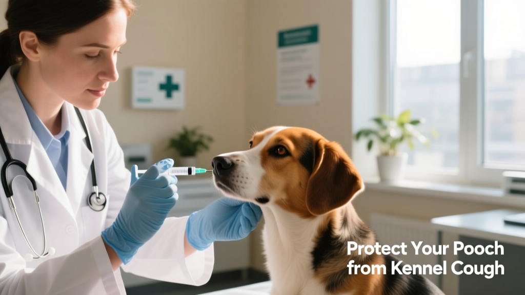 Veterinarian gently administering an intra-nasal Bordetella vaccine to a calm dog