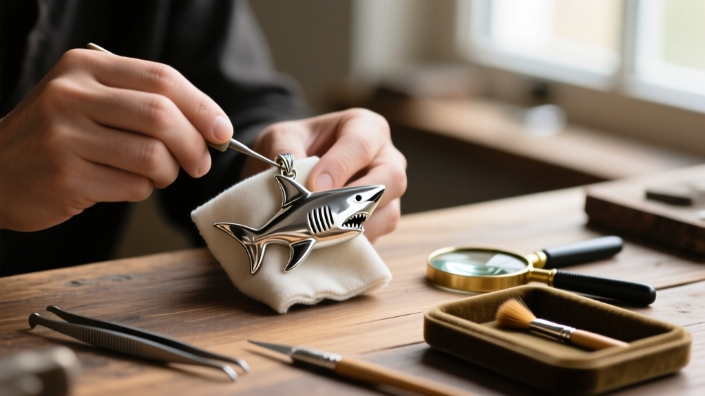 Hands polishing a tarnished silver hammerhead shark pendant with a microfiber cloth on a wooden desk, jewelry care tools visible
