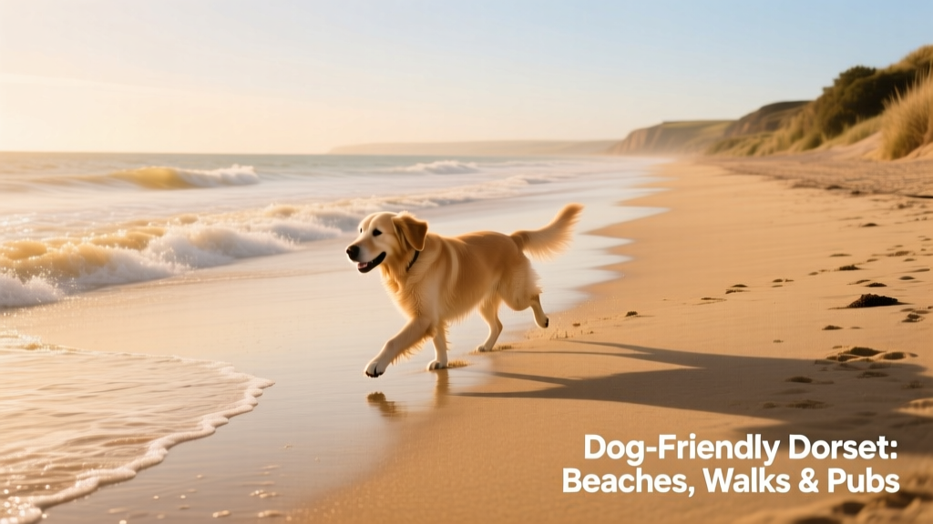 A wide sandy beach with gentle waves and a dog trotting along the shoreline at West Bay, Dorset