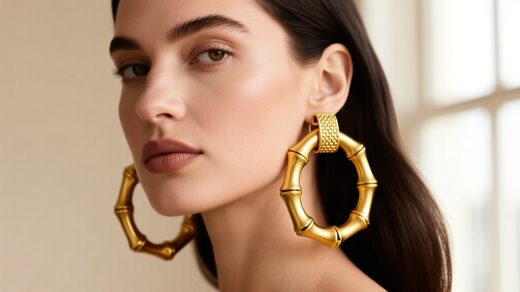 Profile of a woman wearing thick 90s style 18k yellow gold bamboo hoop earrings featuring a textured latch-back closure mechanism