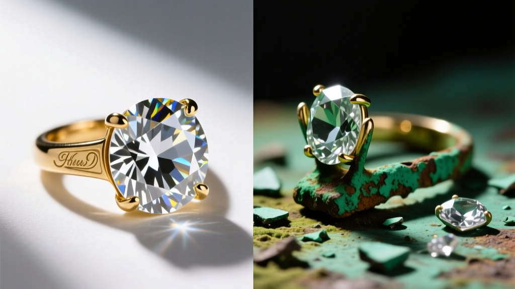 Macro view of a pristine vintage rhinestone prong setting beside one showing missing stones and green verdigris metal corrosion.