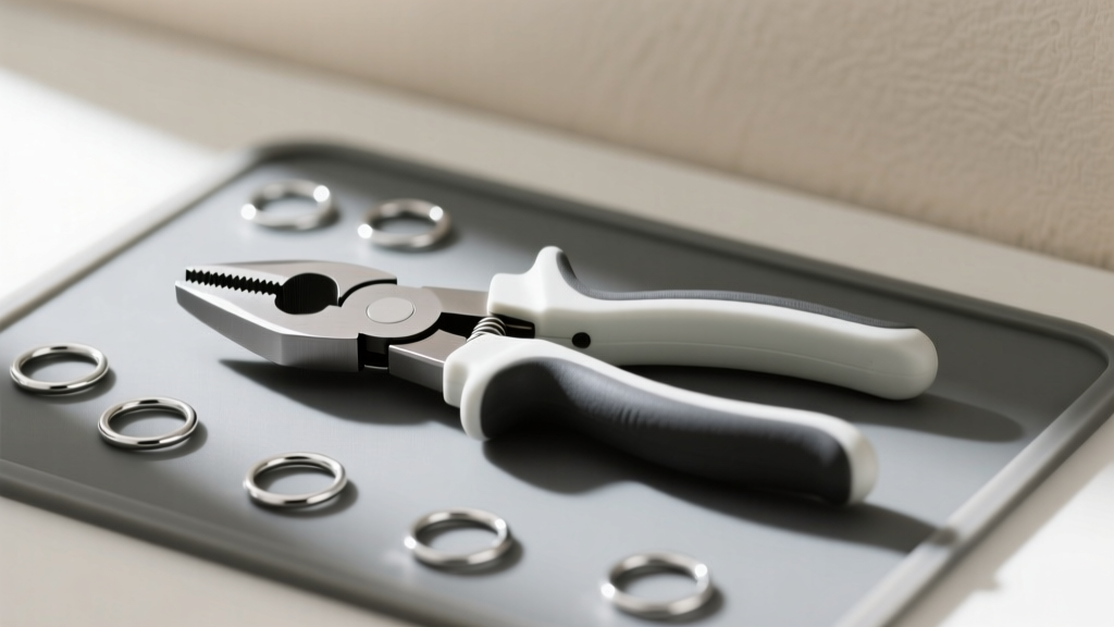 Side profile of ergonomic dual-handle flush cutters resting on a silicone mat next to scattered sterling silver jump rings.