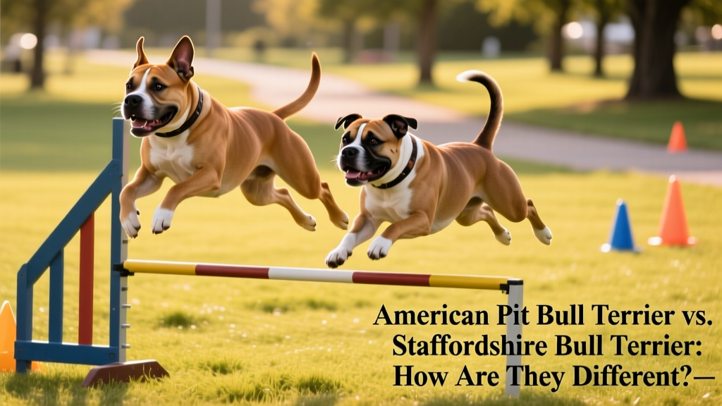 An American Pit Bull Terrier and a Staffordshire Bull Terrier playing side-by-side in a grassy park during an agility session