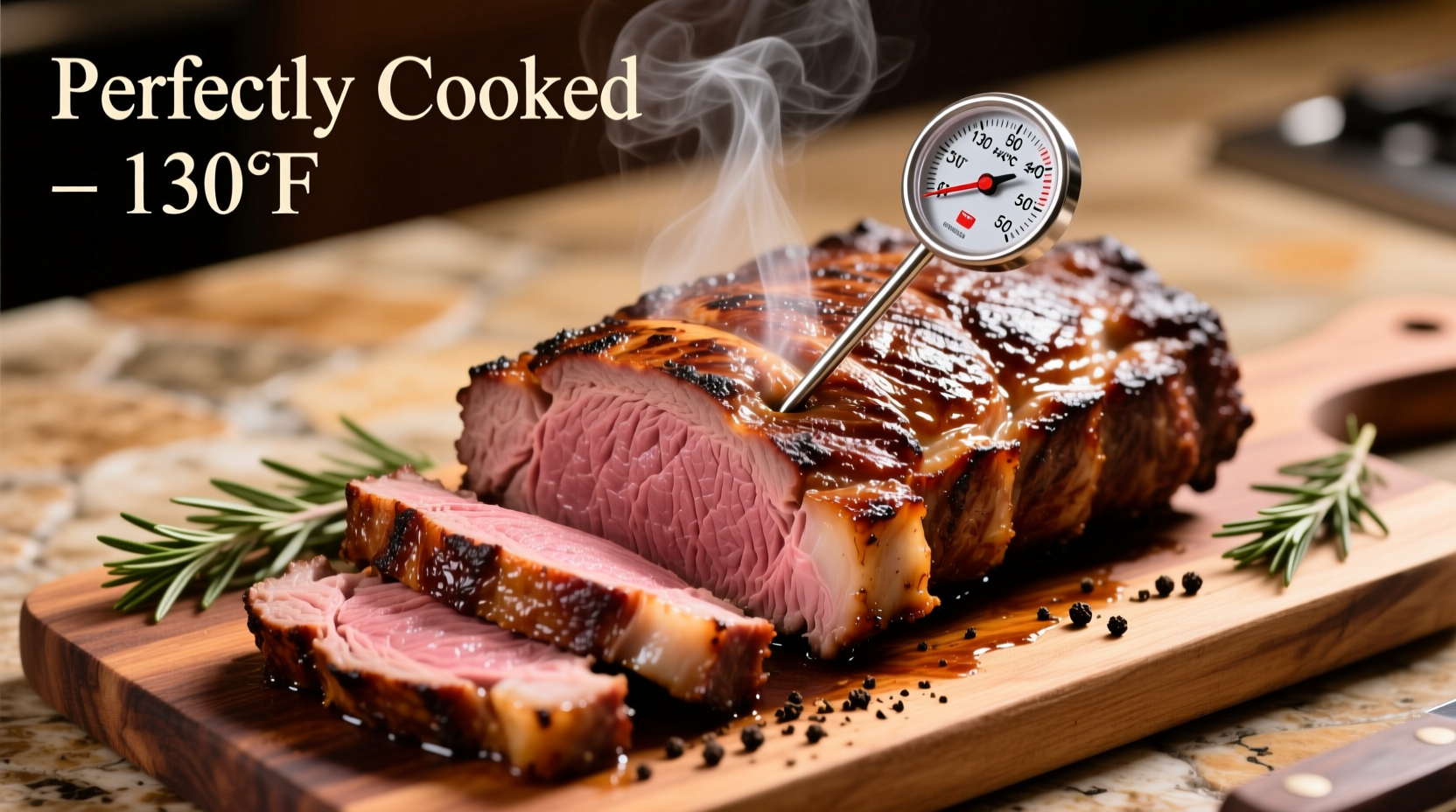 Perfectly cooked prime rib roast with meat thermometer