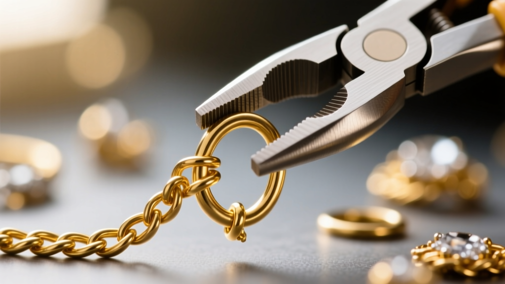 Macro shot of a 5mm brass jump ring opened with flat-nose pliers, repairing a broken clasp on a fine gold-plated cable chain.