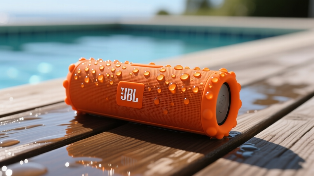 Water droplets beading off bright orange silicone bumpers of a JBL Charge 5 portable speaker resting on a wet wooden pool deck surface